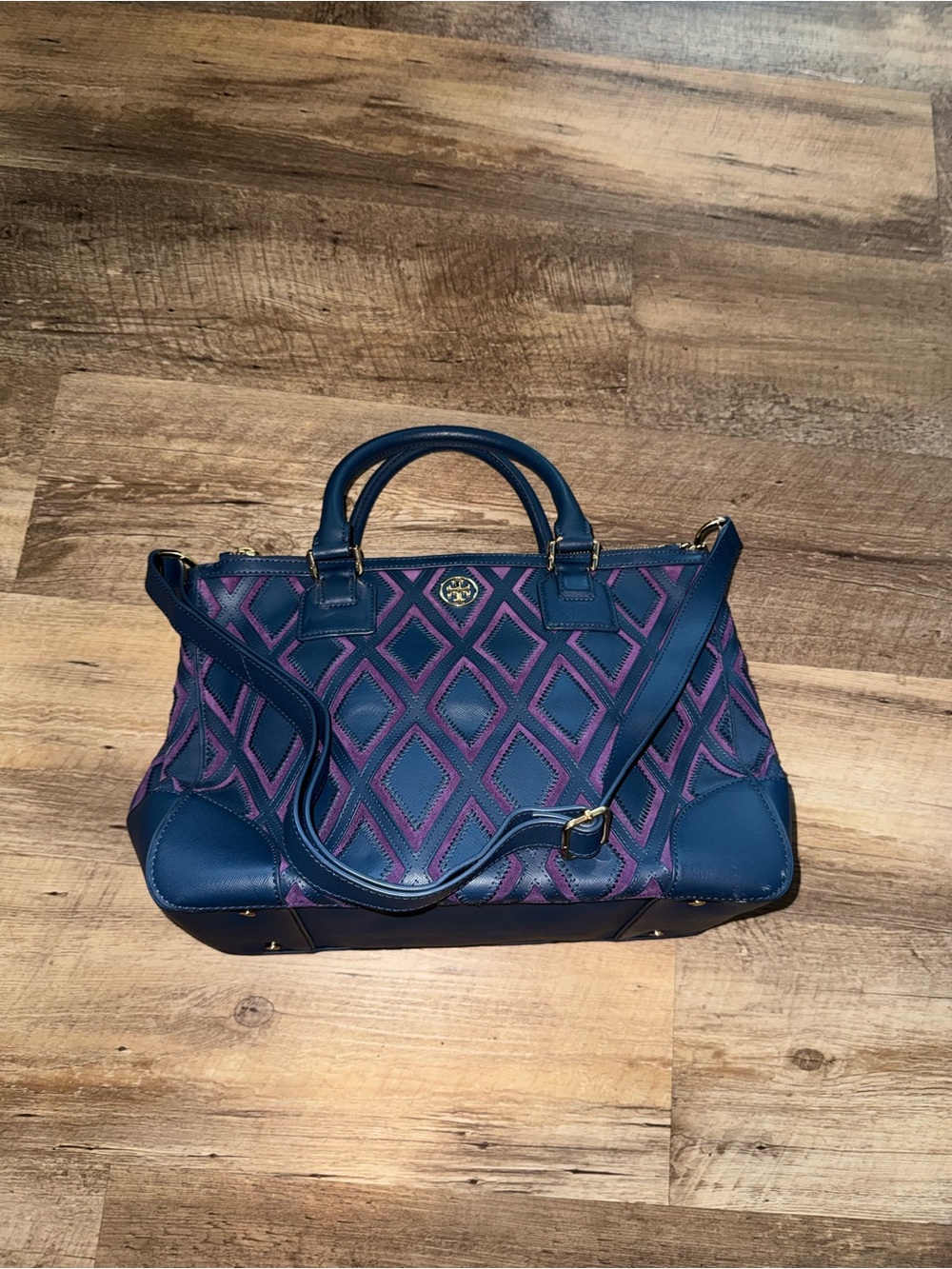 Tory Burch Navy Quilted Diamond Satchel with Purple Accents